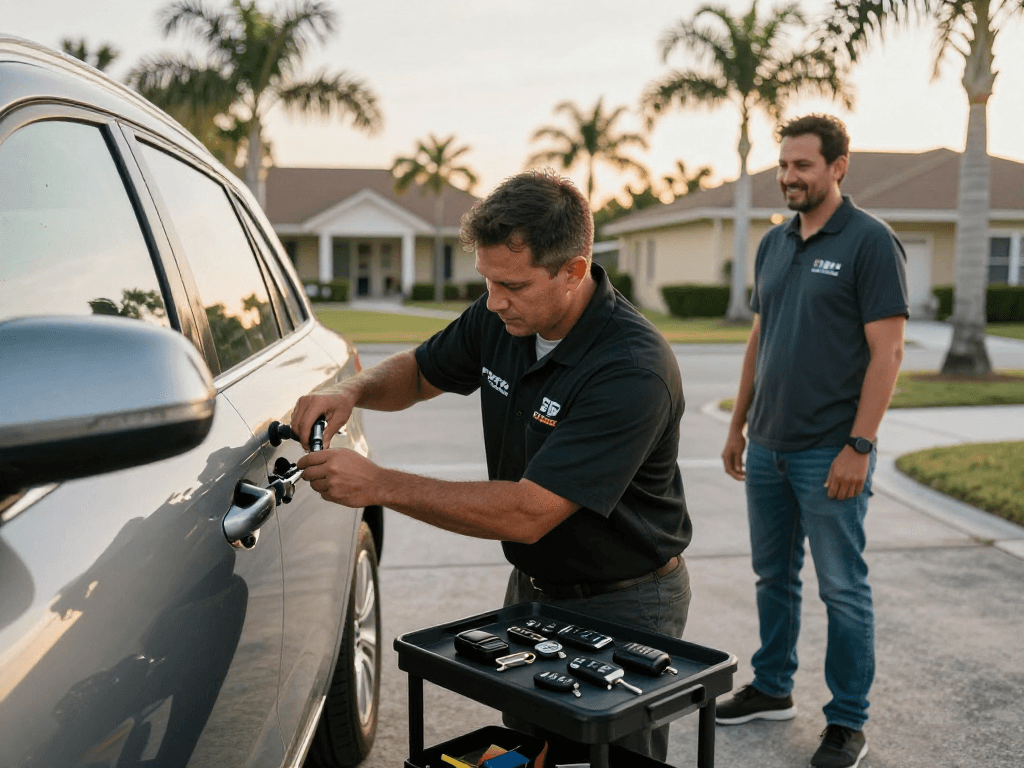 Unlock car Port St. Lucie with a skilled locksmith expertly working on a vehicle door in a residential driveway, showcasing trust and professionalism.