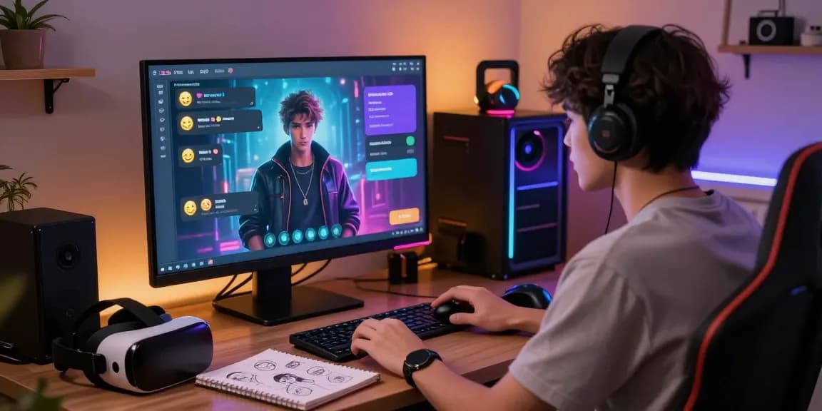 User engaging with an NSFW AI avatar in a vibrant gaming setup, showcasing dynamic chat features and a futuristic atmosphere.
