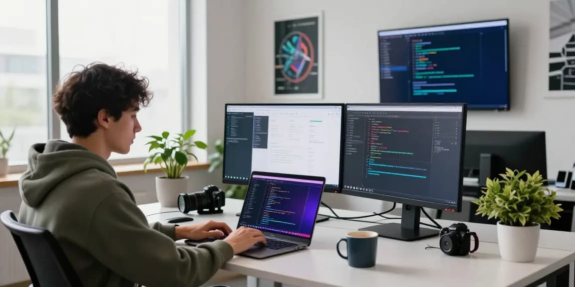 Developer using an AI code generator in a modern software workspace, showcasing coding and collaboration tools amidst a tech-friendly environment.