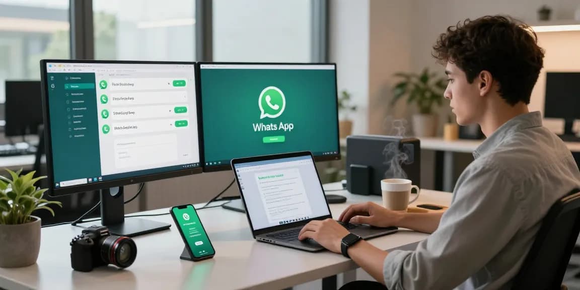 Dynamic workspace scene illustrating WhatsApp下載 process on multiple screens.