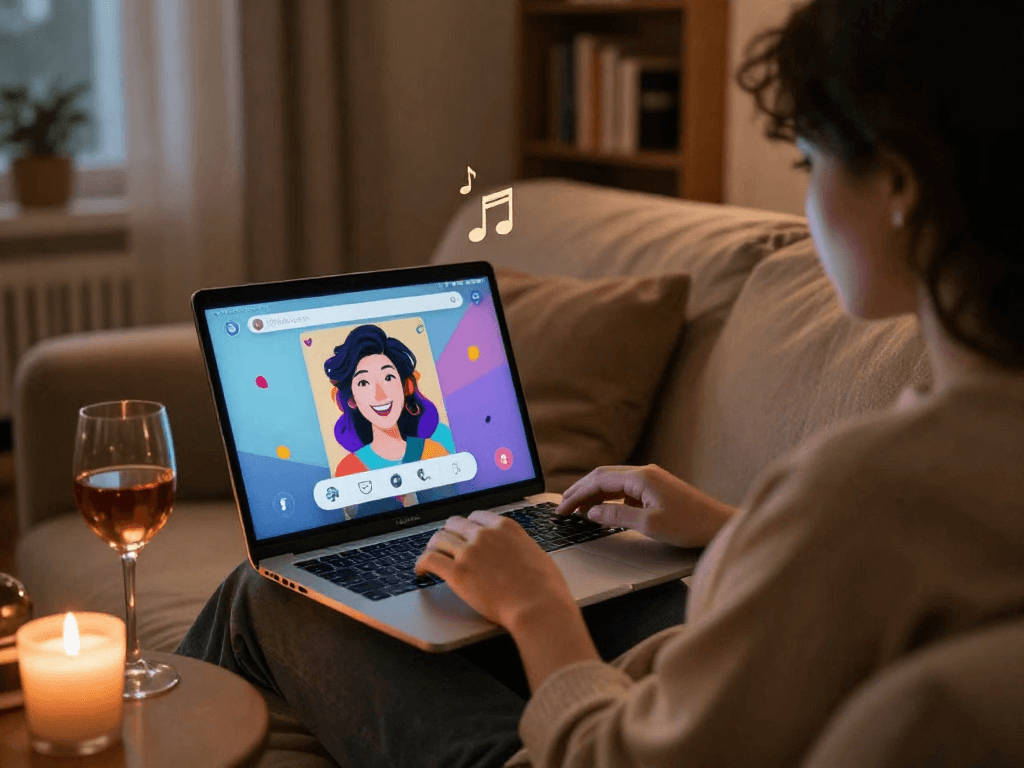 Engaging in ai sex chat on a laptop in a cozy room with warm lighting and inviting decor.