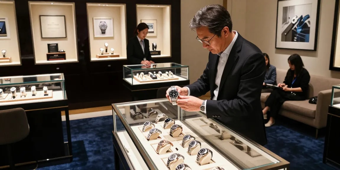 Elegant display of super clone watches in a luxury boutique setting with intricate details and soothing ambiance.