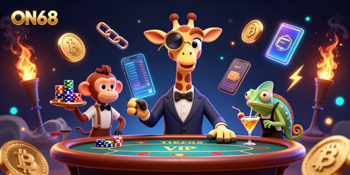 Experience thrilling gaming moments at ON68 with a vibrant scene showcasing our cartoon characters and casino elements.
