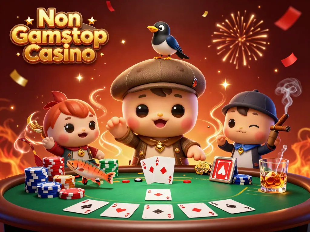 Celebrate at a Non Gamstop Casino with fun characters and vibrant poker elements.