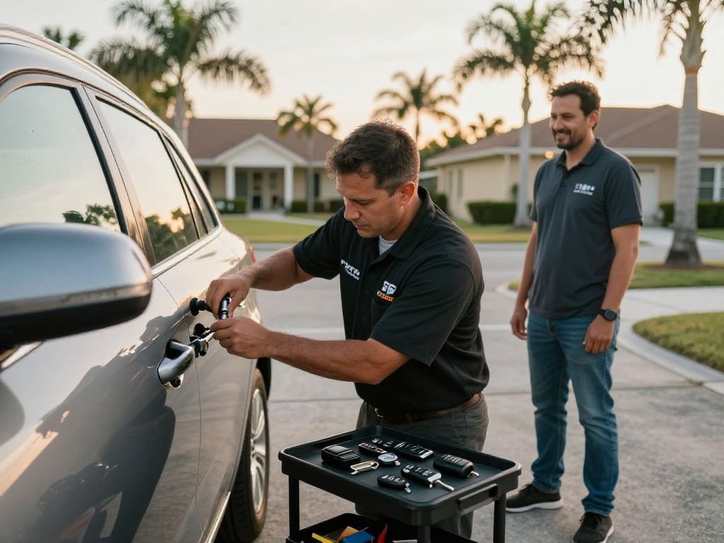 Unlock car Port St. Lucie with a skilled locksmith expertly working on a vehicle door in a residential driveway, showcasing trust and professionalism.