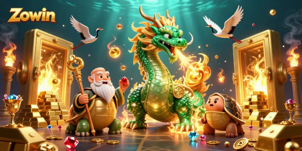 Zowin offers thrilling casino adventures with a magical dragon, turtle sage, and lucky cranes amidst golden treasures.
