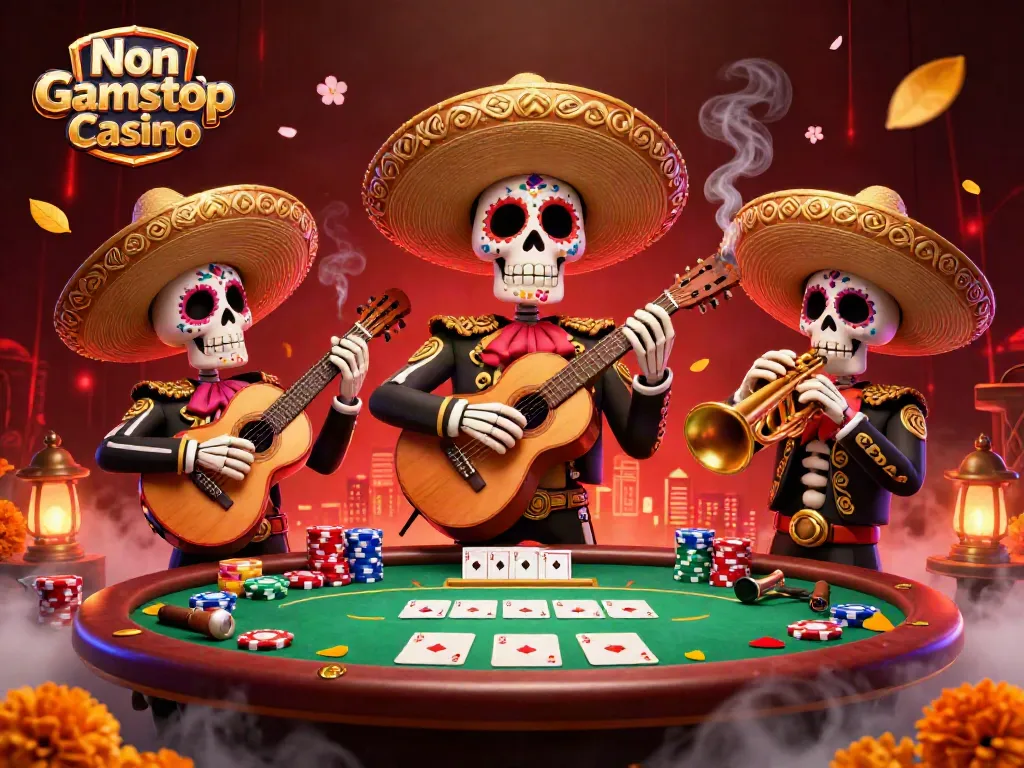 Engage with Non Gamstop Casino at a vibrant poker table featuring a skeleton mariachi band.