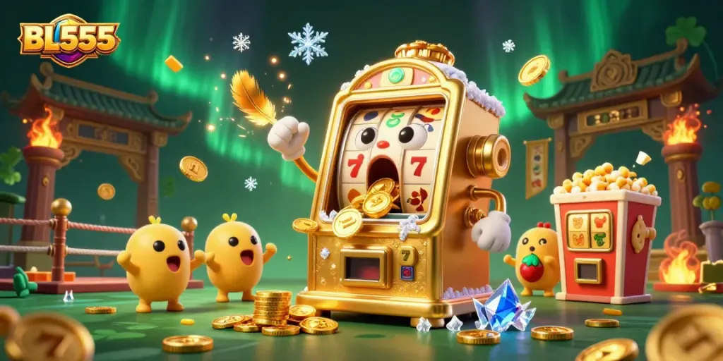 Experience thrilling wins with the BL555 slot machine jackpot, surrounded by festive gaming elements.