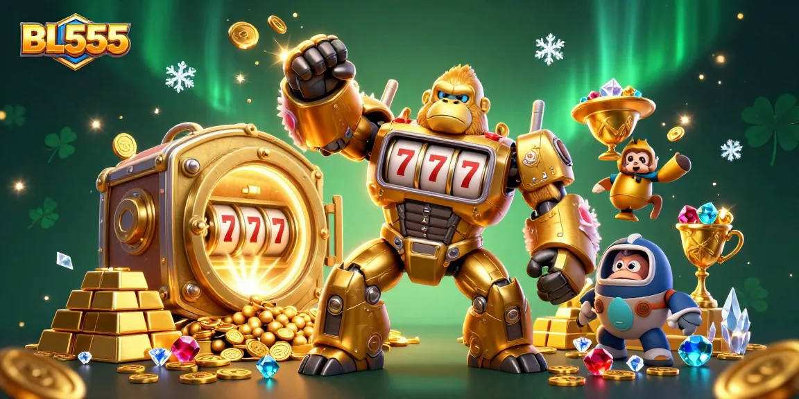 Experience thrilling wins with BL555's golden gorilla mech and jackpot excitement amidst a treasure-filled scene.