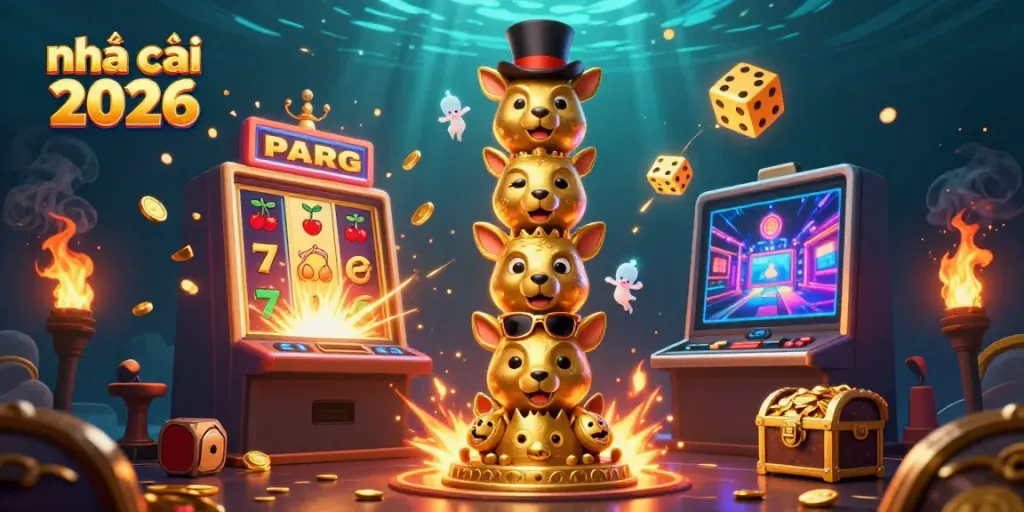 Experience excitement at nhà cái uy tín 2026 with a vibrant casino scene full of slot machines and golden treasures.