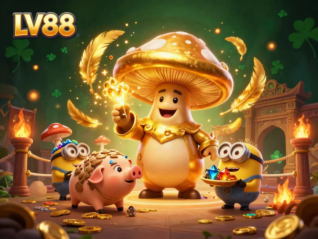 Experience LV88's magical gaming realm with golden treasures and vibrant cartoon characters.