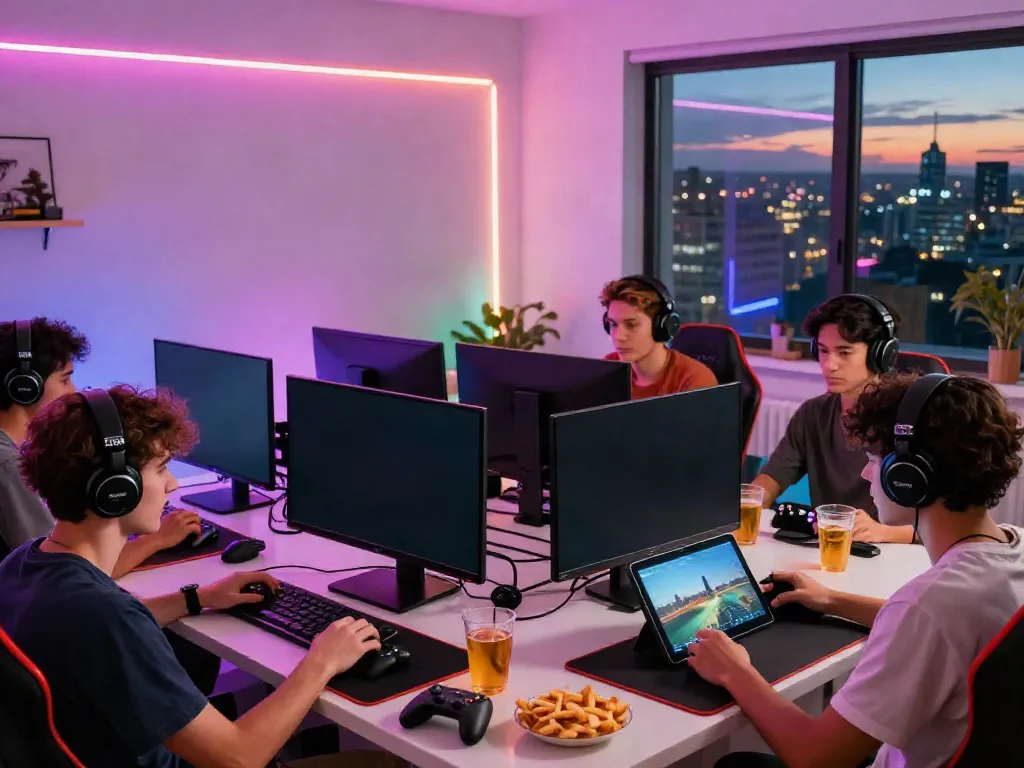 Engaging gaming scene with players enjoying http://debet-onl.com together, surrounded by gaming devices, snacks, and a vibrant atmosphere.