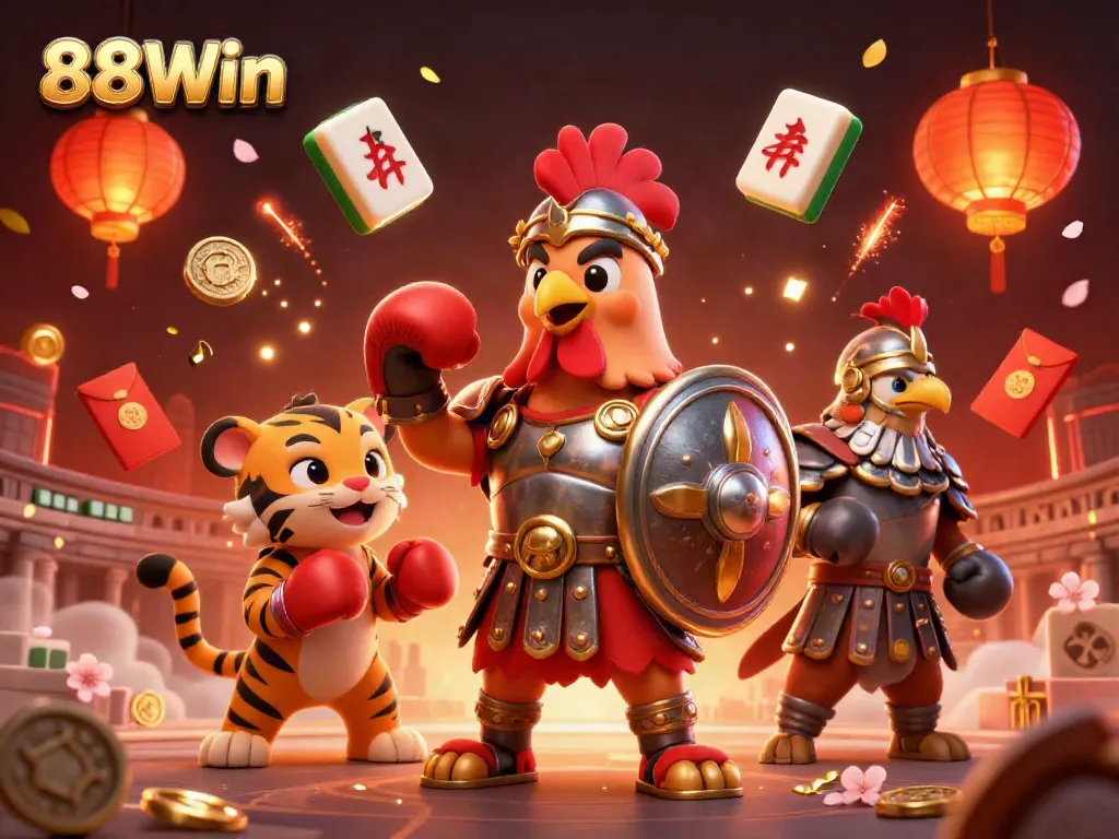 Engage with thrilling games at 88Win as a gladiator rooster battles alongside a tiger cub in a vibrant colosseum.