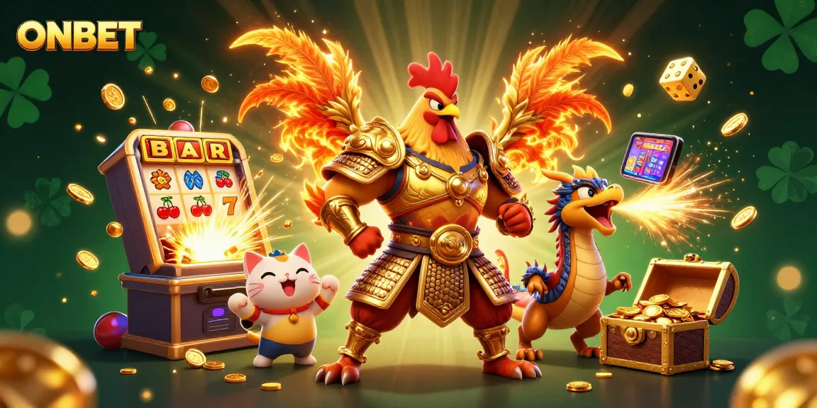 Experience ONBET with a dynamic casino scene featuring slots, warriors, and golden treasures.