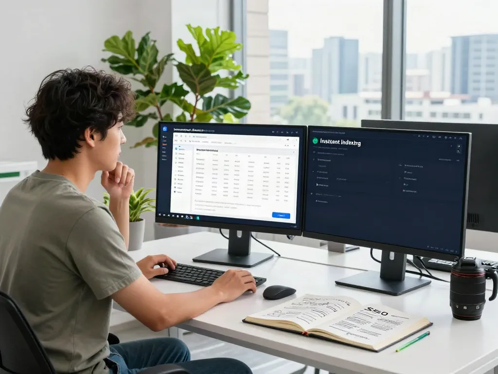 Digital marketing professional analyzing instant indexing metrics in a modern office.