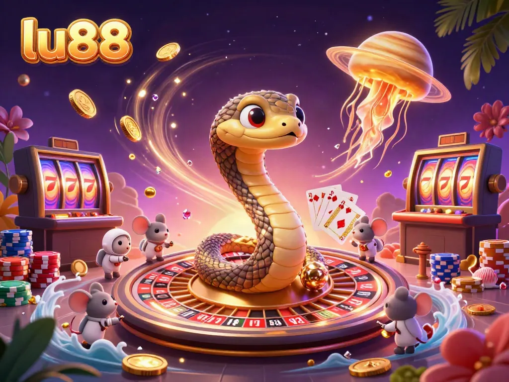 Experience thrilling bets at lu88 with a cosmic roulette scene featuring a Saturn ring snake and astronaut mice.