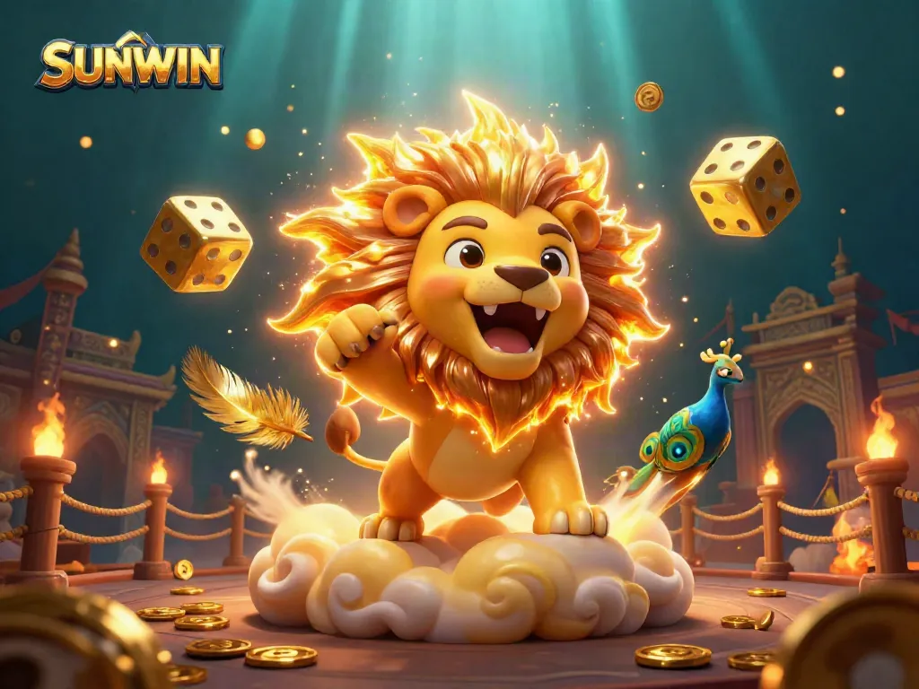 Experience thrilling wins at SUNWIN with a dynamic scene featuring vibrant characters and golden dice.