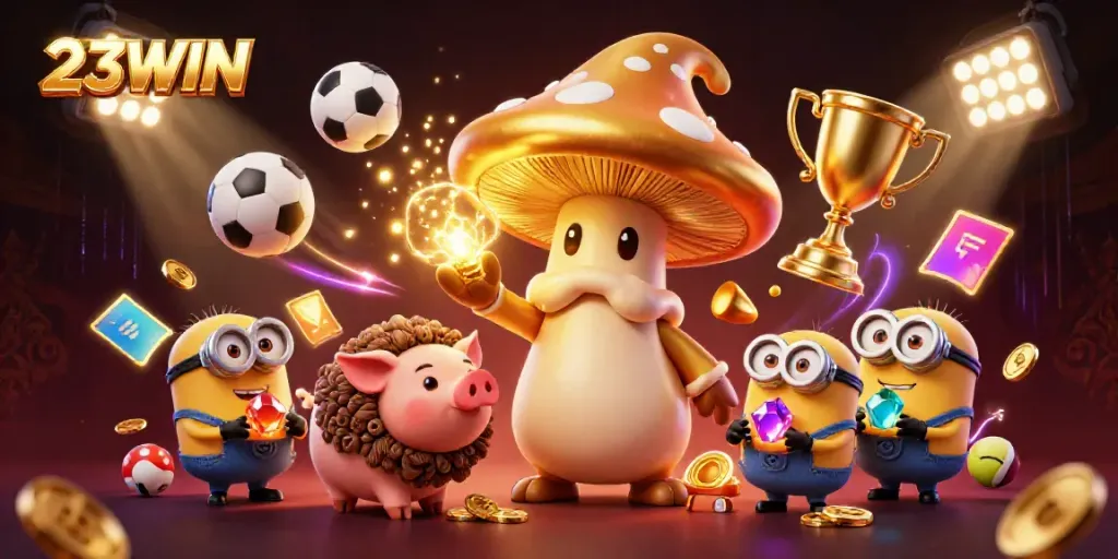 Engage with the dynamic fantasy world of 23WIN, featuring a golden mushroom wizard and sports elements.