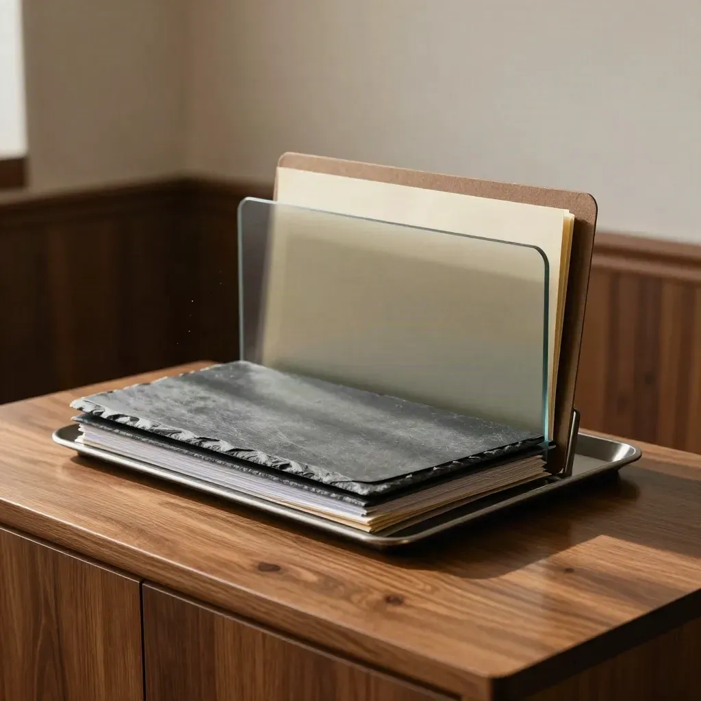 Case folders, handset cradle and smoked-glass divider on an oak sideboard in warm legal light