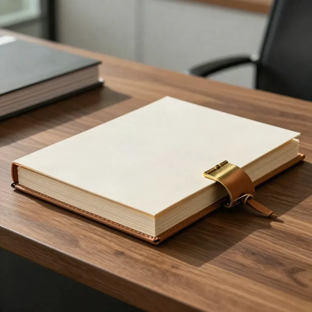 Blank contract folios with brass clip, leather sample and timber veneer on a walnut table.