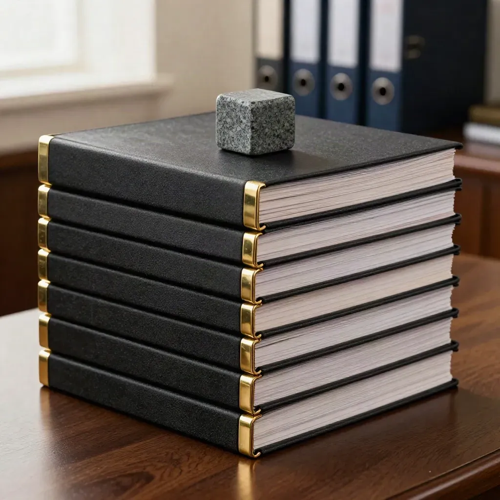 Macro of legal case bundles stacked on a polished walnut table with brass clips and paper dust.