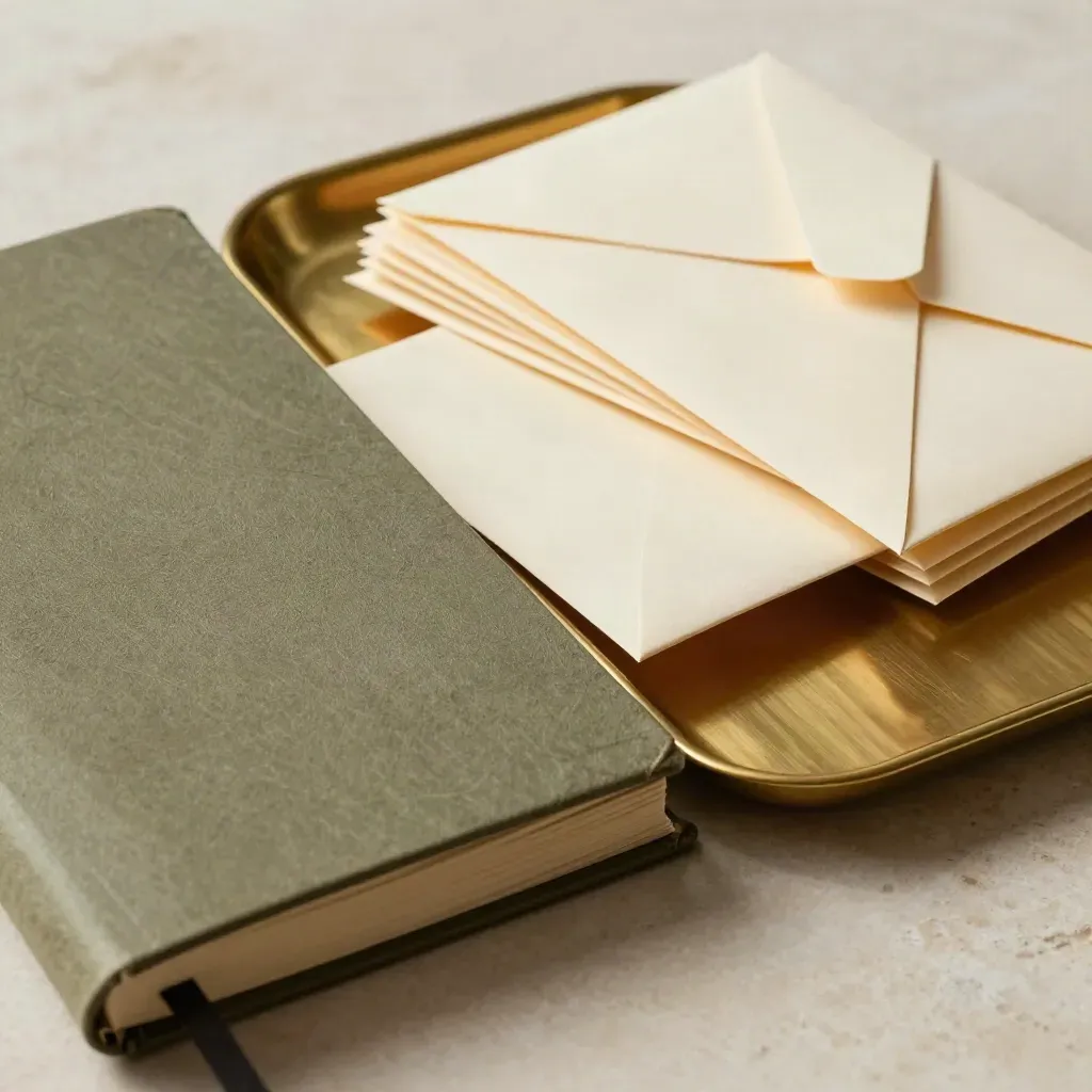 Brass tray, ledger and sealed envelopes on pale stone in a debt recovery still life.