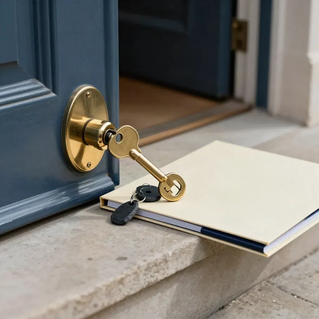 Brass key and lock hardware beside a closed property folder in a quiet townhouse hallway