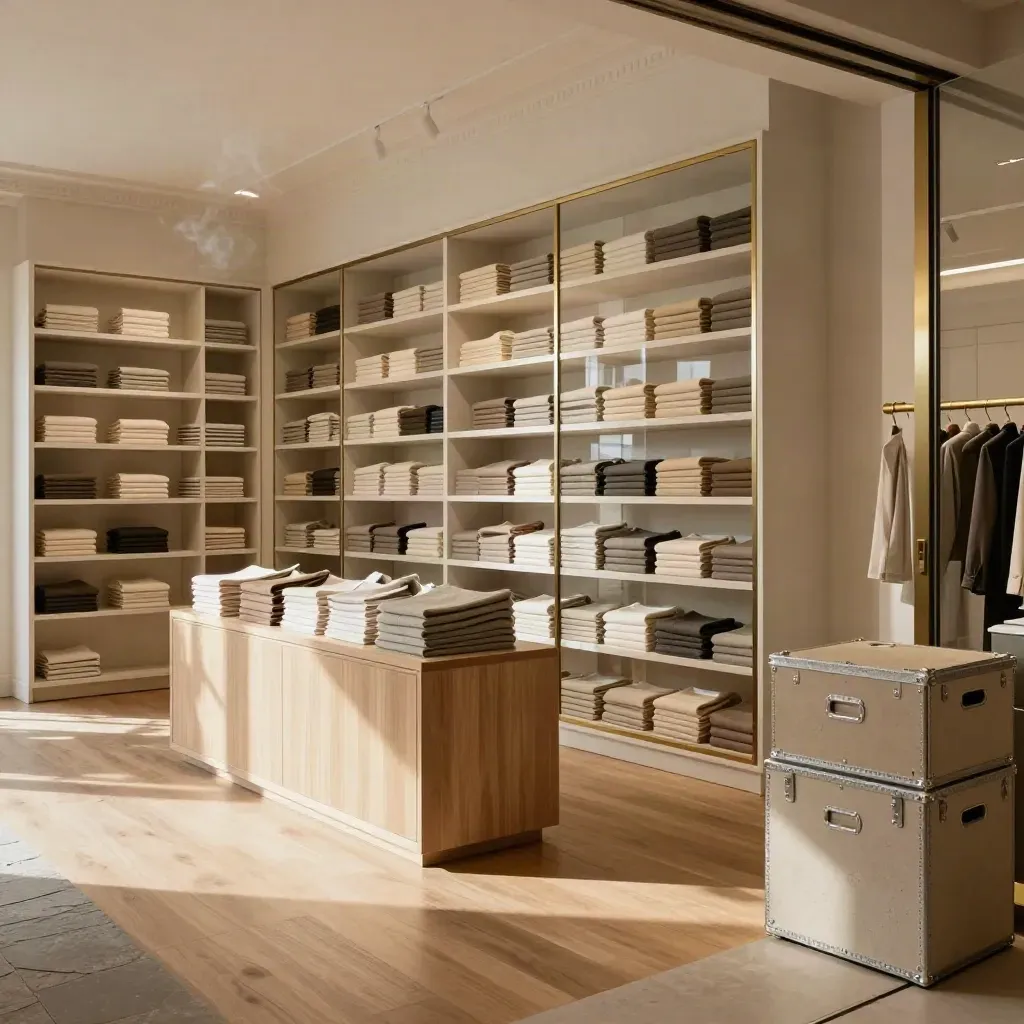 Launch-ready boutique retail interior with stocked shelves, brass trim, and warm window light.