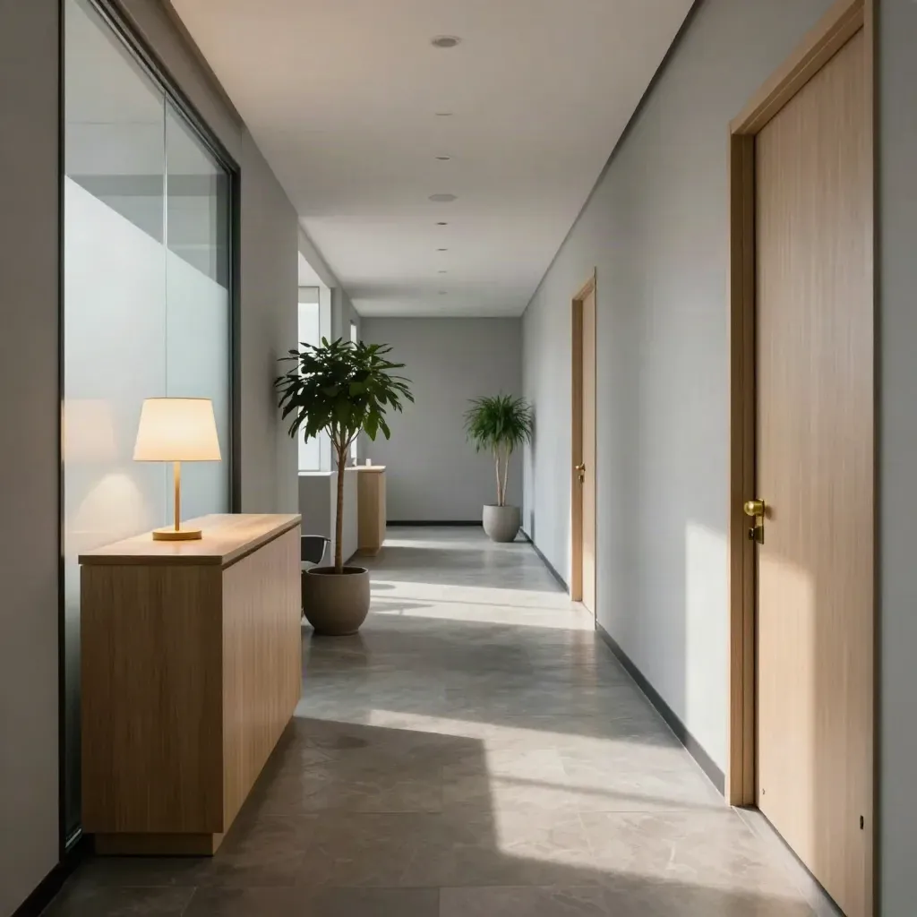 Quiet law office corridor with warm lamp, plants and a neatly tucked chair