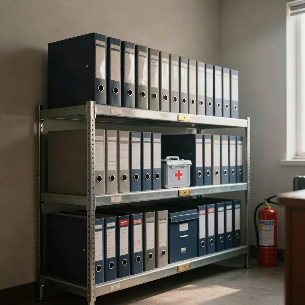 Tidy compliance shelf with binders, first-aid kit, extinguisher and archive boxes in cool daylight.