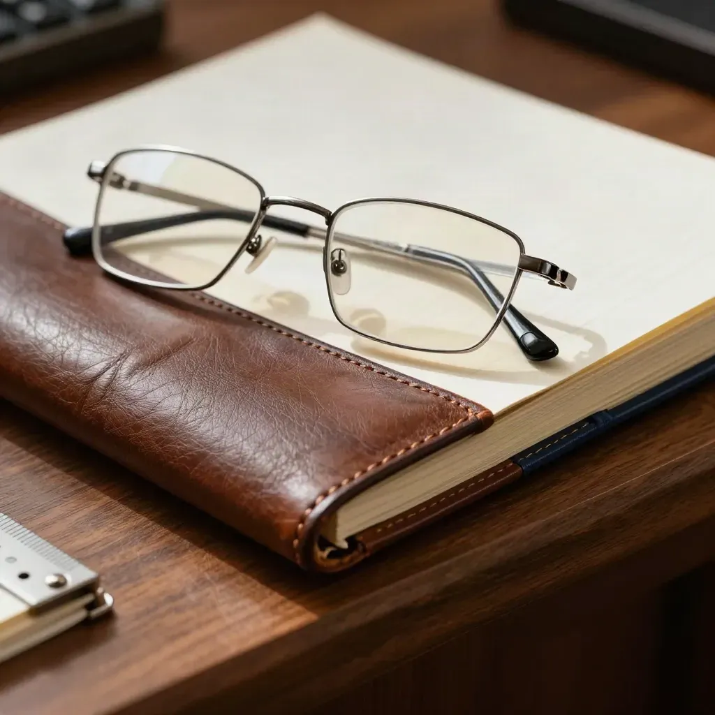 Leather folder, reading glasses, slim notebook and steel clip on a walnut legal review ledge
