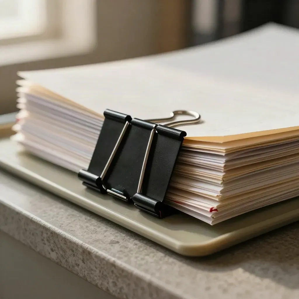 Clipped litigation bundle edges in a pale docket tray, lit in crisp macro detail.