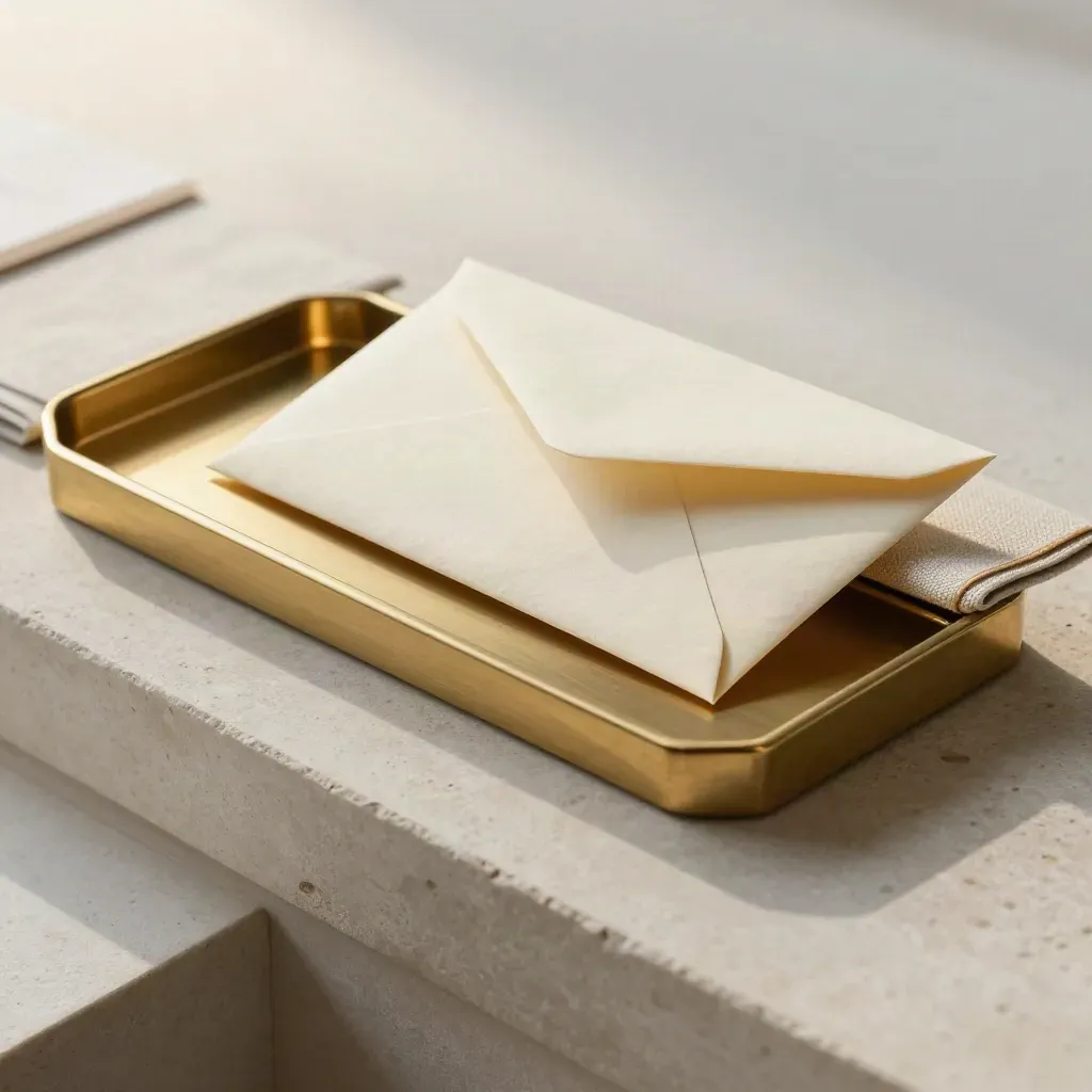 Cream envelope sliding into brass mail tray beside linen folder on pale stone.