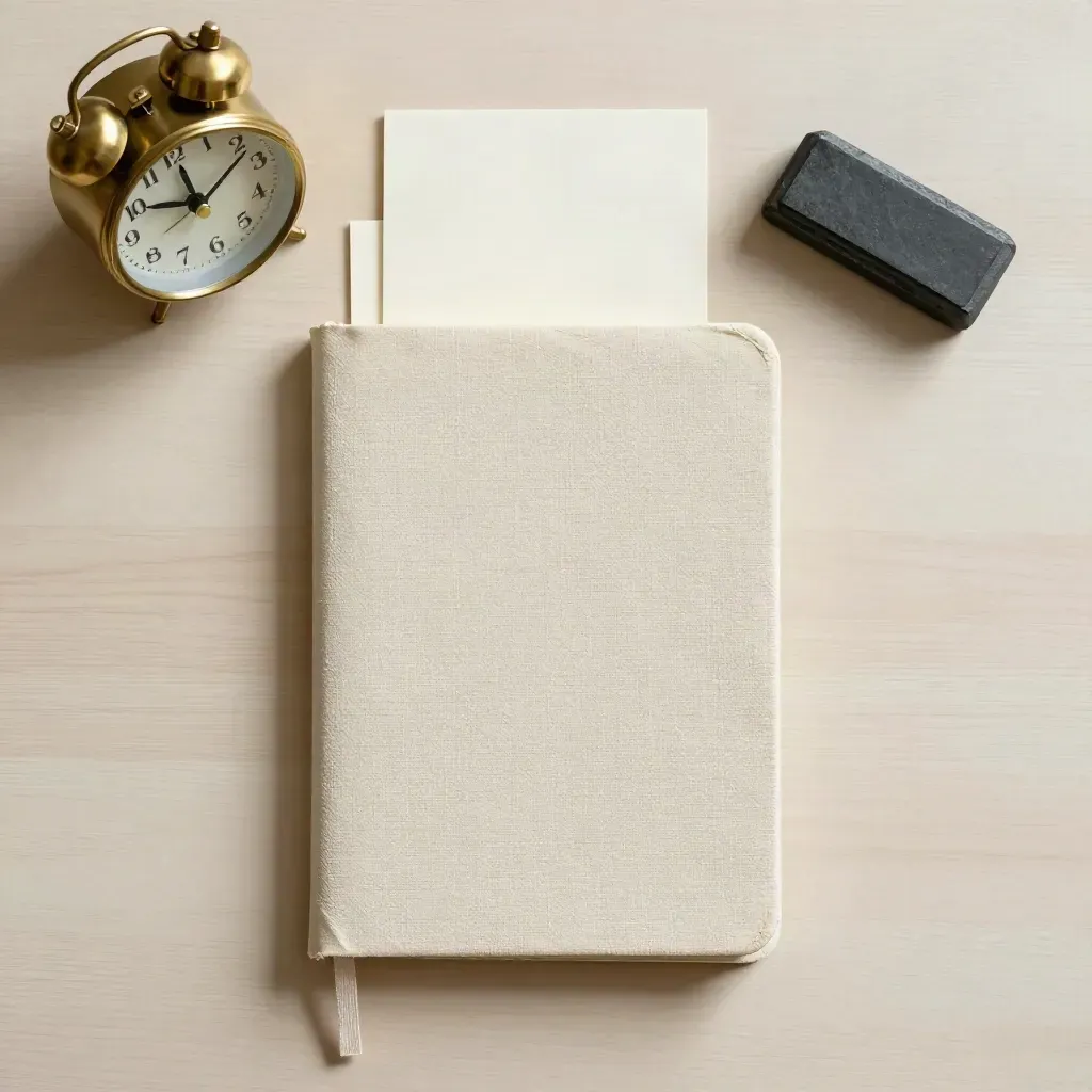 Overhead still life of notebook, brass clock, index cards and slate paperweight on pale wood