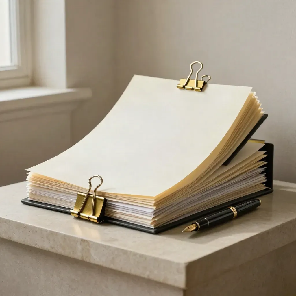 Legal folio with brass clips, fountain pen and tab dividers on limestone in soft daylight