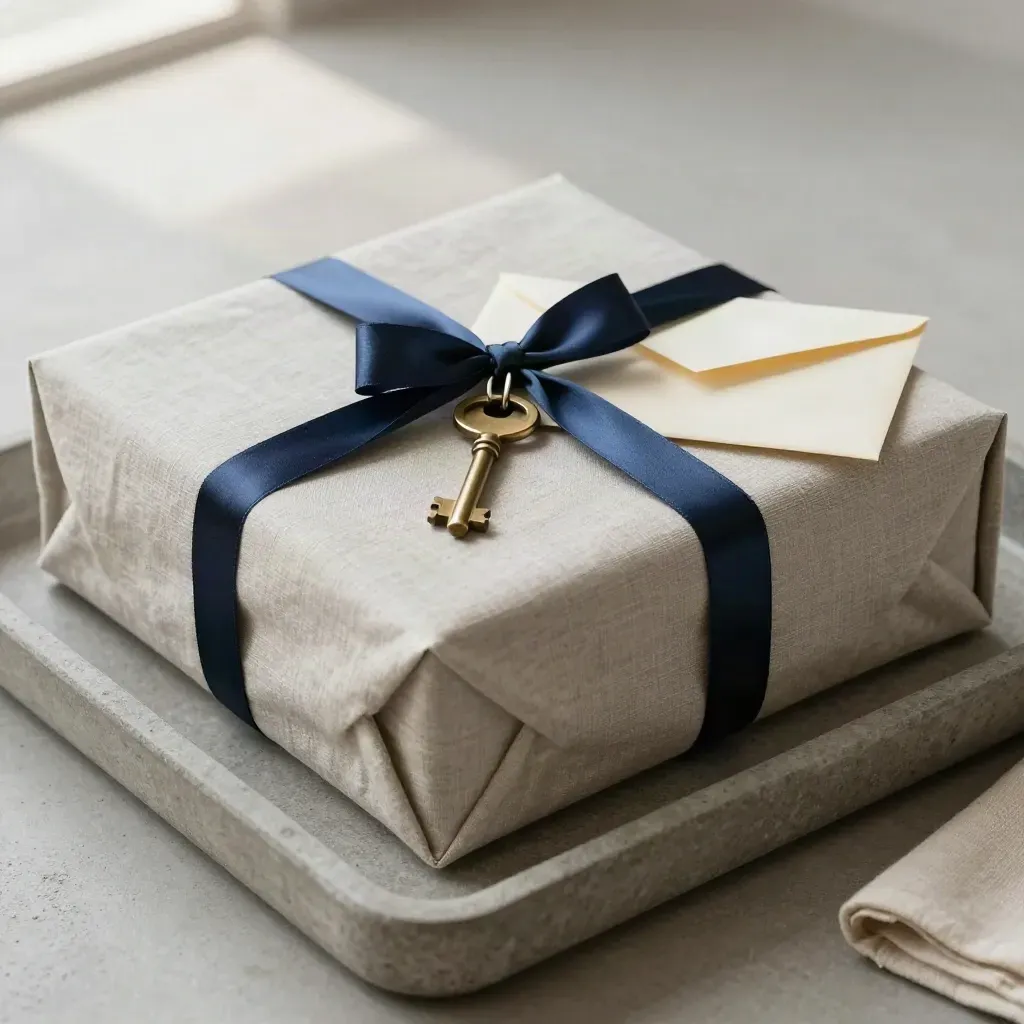 Stone tray still-life with archive box, ribbon, brass key and sealed envelope