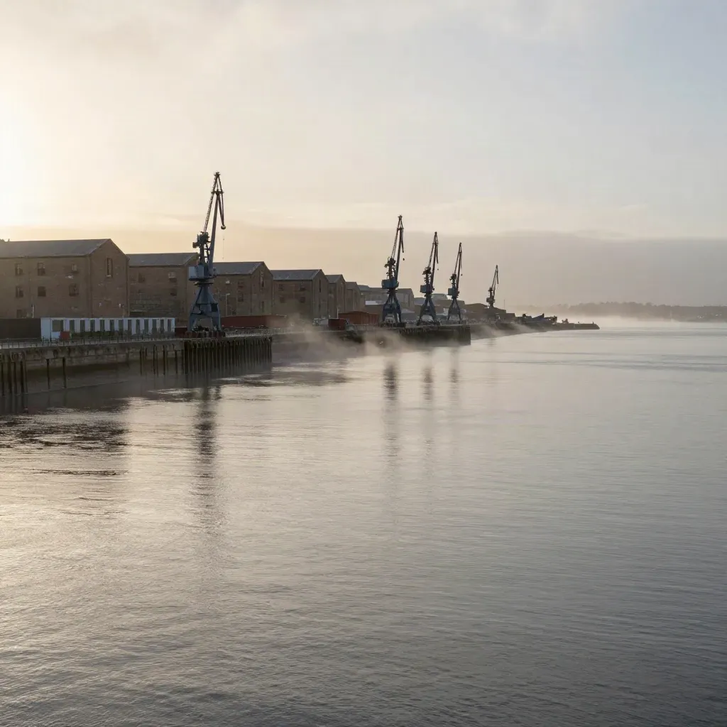 Liverpool docks and waterfront fading into sea mist over calm water at sunset.