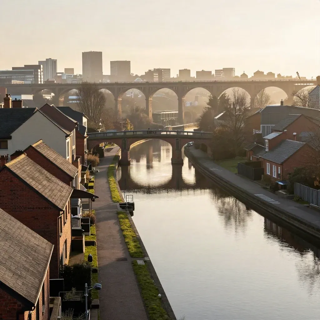 Golden-hour Birmingham canals and brick viaducts above mist, with calm open water below