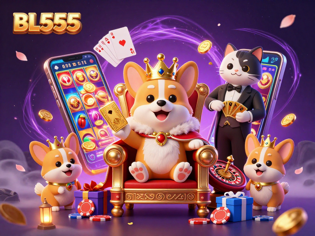 Experience thrilling gameplay with BL555 in this vibrant 3D casino illustration, featuring royal characters and dynamic game elements.