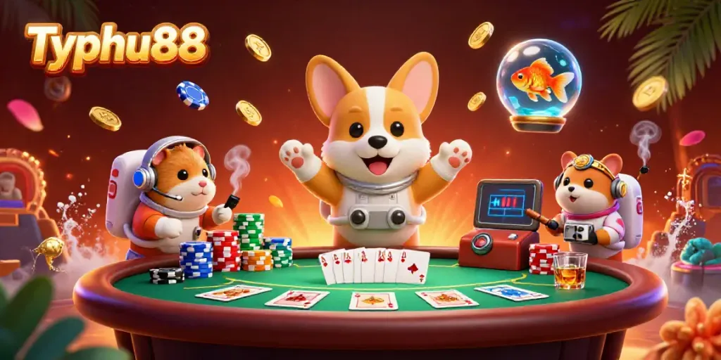 Experience Typhu88 action with a floating casino scene featuring animated characters and poker elements.