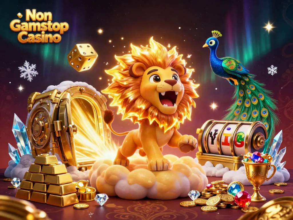 Explore the vibrant scene of Non Gamstop Casino with a roaring lion and spinning slot reels.