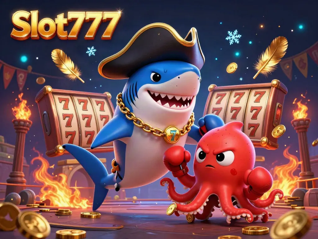Experience the thrill of Slot777 with 3D cartoon characters in a vibrant casino setting filled with coins and jackpot elements.