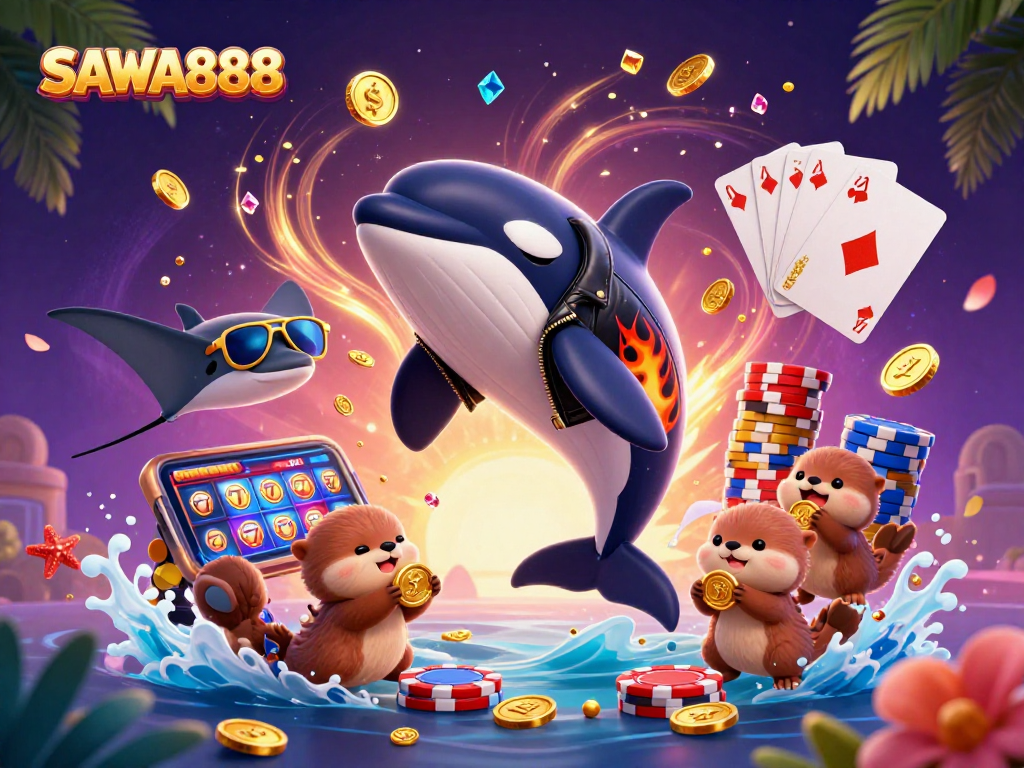 SAWA888 showcases a thrilling casino atmosphere with dynamic characters and winning symbols in a vibrant 3D scene.