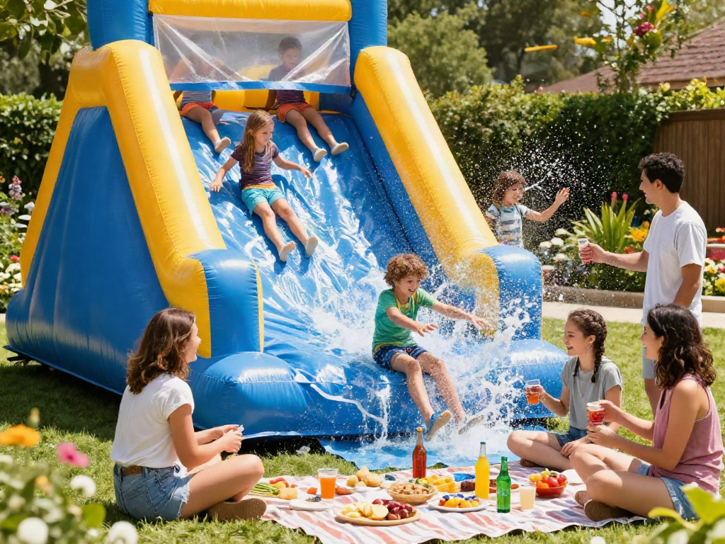 Children sliding in the water on an inflatable water slide during a sunny summer gathering.