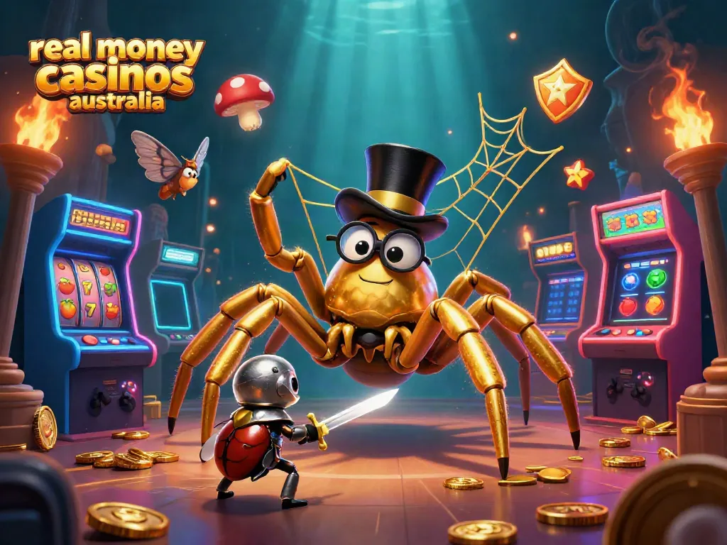 Engage with real money casinos australia featuring a golden tarantula and beetle knight amidst casino-themed elements.