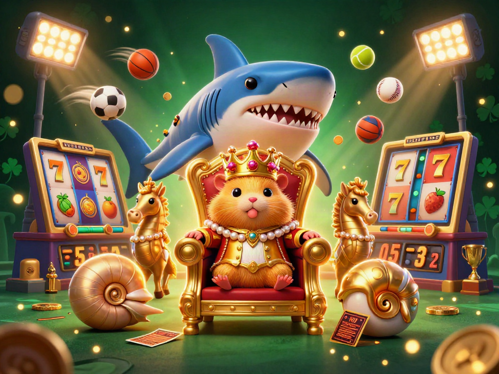 Engage with ONBET's thrilling casino action featuring a golden hamster king amidst slot reels and vibrant game elements.