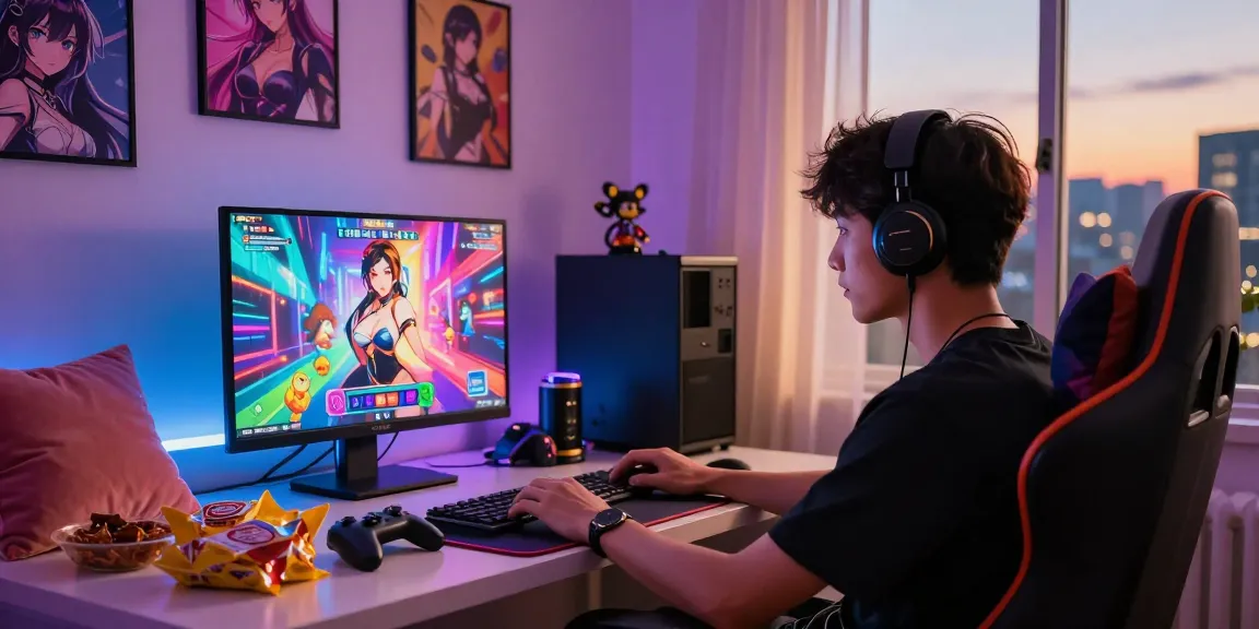 Engaging scene of a user playing a vibrant hentai game in a cozy room with stylish decor.