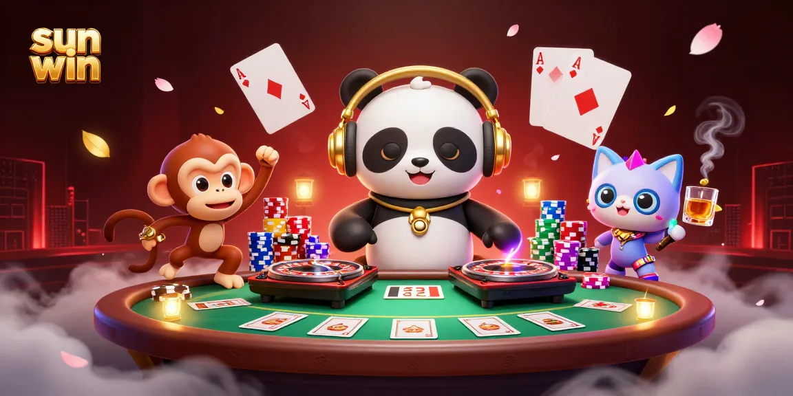 Immerse in sun win vibes with a DJ panda spinning roulette turntables amidst poker excitement.