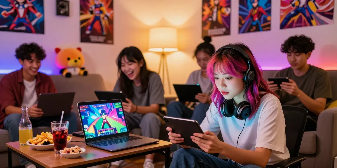 Engaged players enjoying ecchi games in a cozy living room setting with vibrant decor.