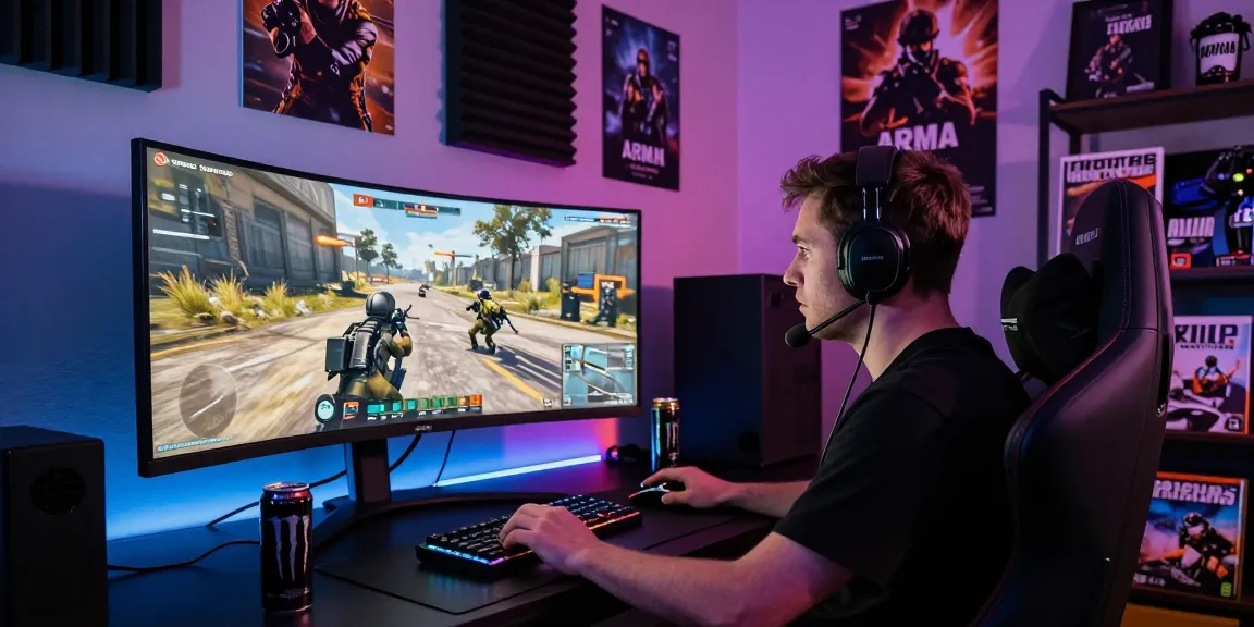 Engaged gamer using ArmA 3 Cheat in a vibrant gaming setup